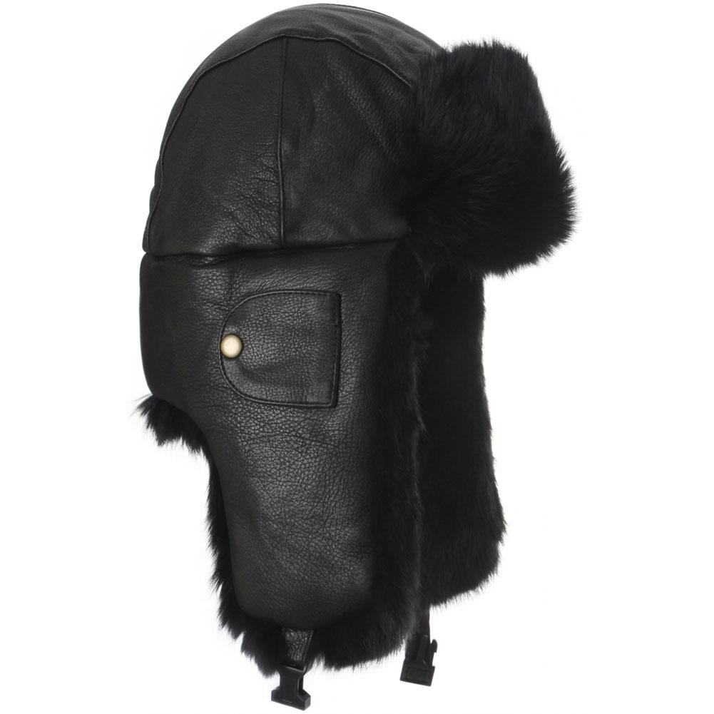 Mad Bomber Leather Trapper Hat Black Leather w/ Black Rabbit Fur L
