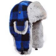 BLUE WOOL PLAID W/ GREY RABBIT FUR