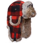 RED WOOL PLAID W/ GREY RABBIT FUR