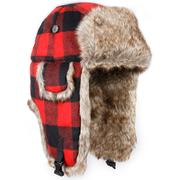 RED/BLACK PLAID WOOL W/ BROWN RABBIT FAUX FUR