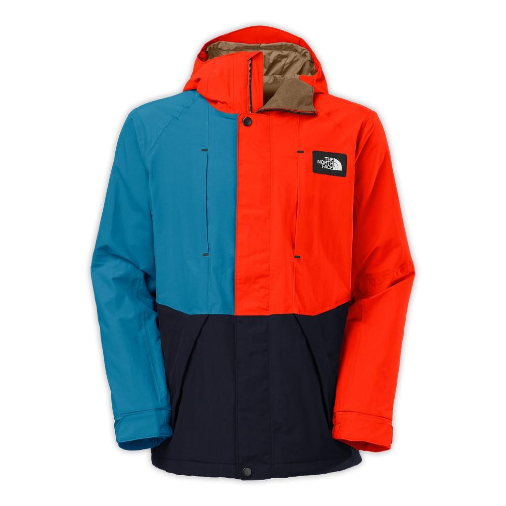 red and blue north face jacket