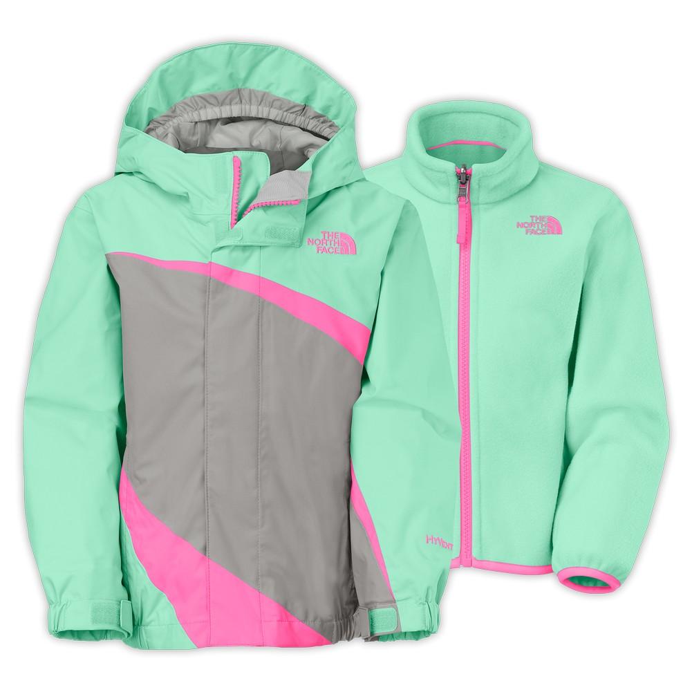 pink and green north face jacket