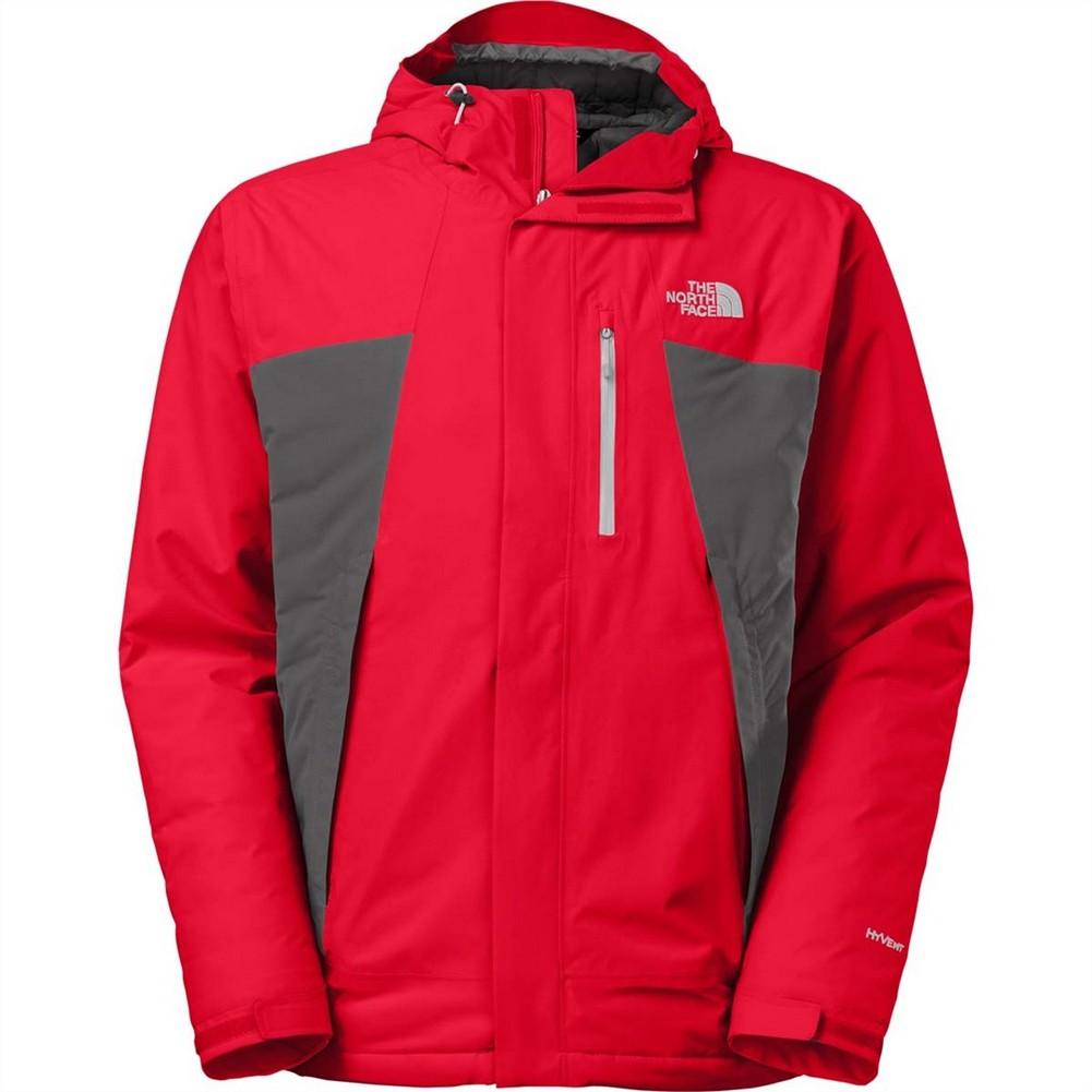 grey and red north face jacket