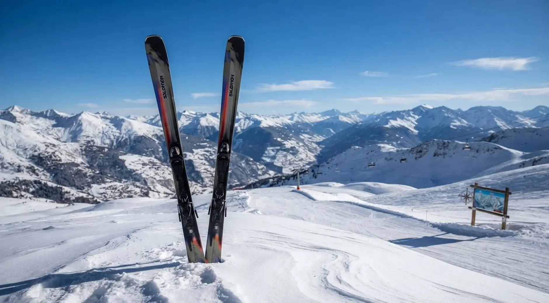 Salomon skis planted upright in snow with mountain range backdrop