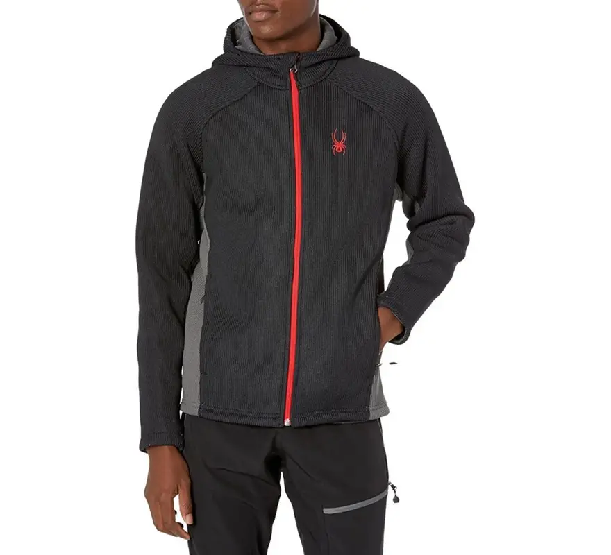 Man wearing black Spyder fleece hoodie with red zipper