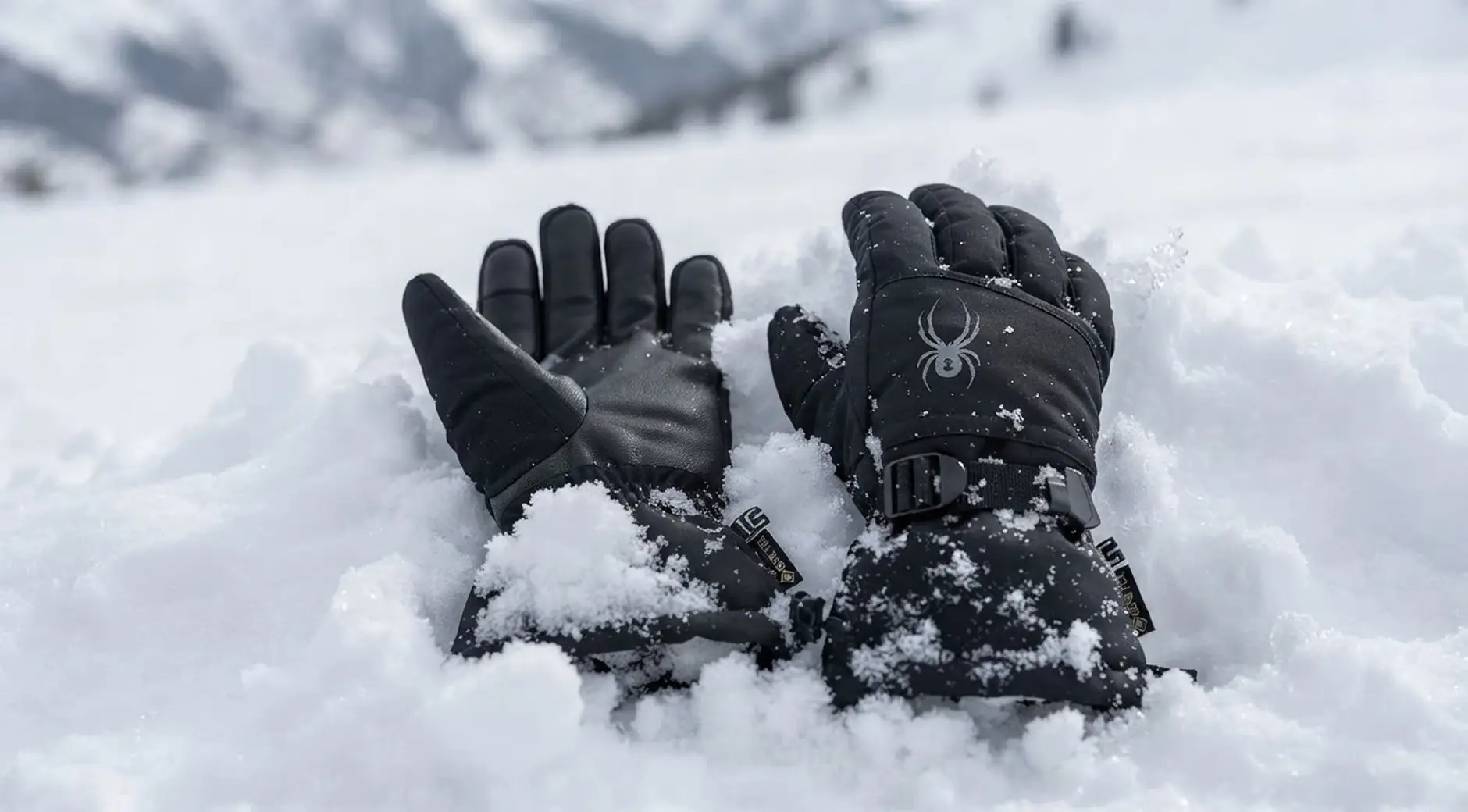 Pair of black Spyder ski gloves resting in fresh snow