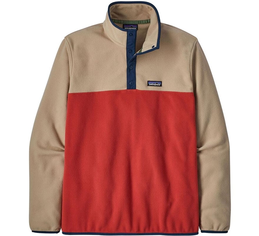 Patagonia tan and red quarter-snap fleece pullover.