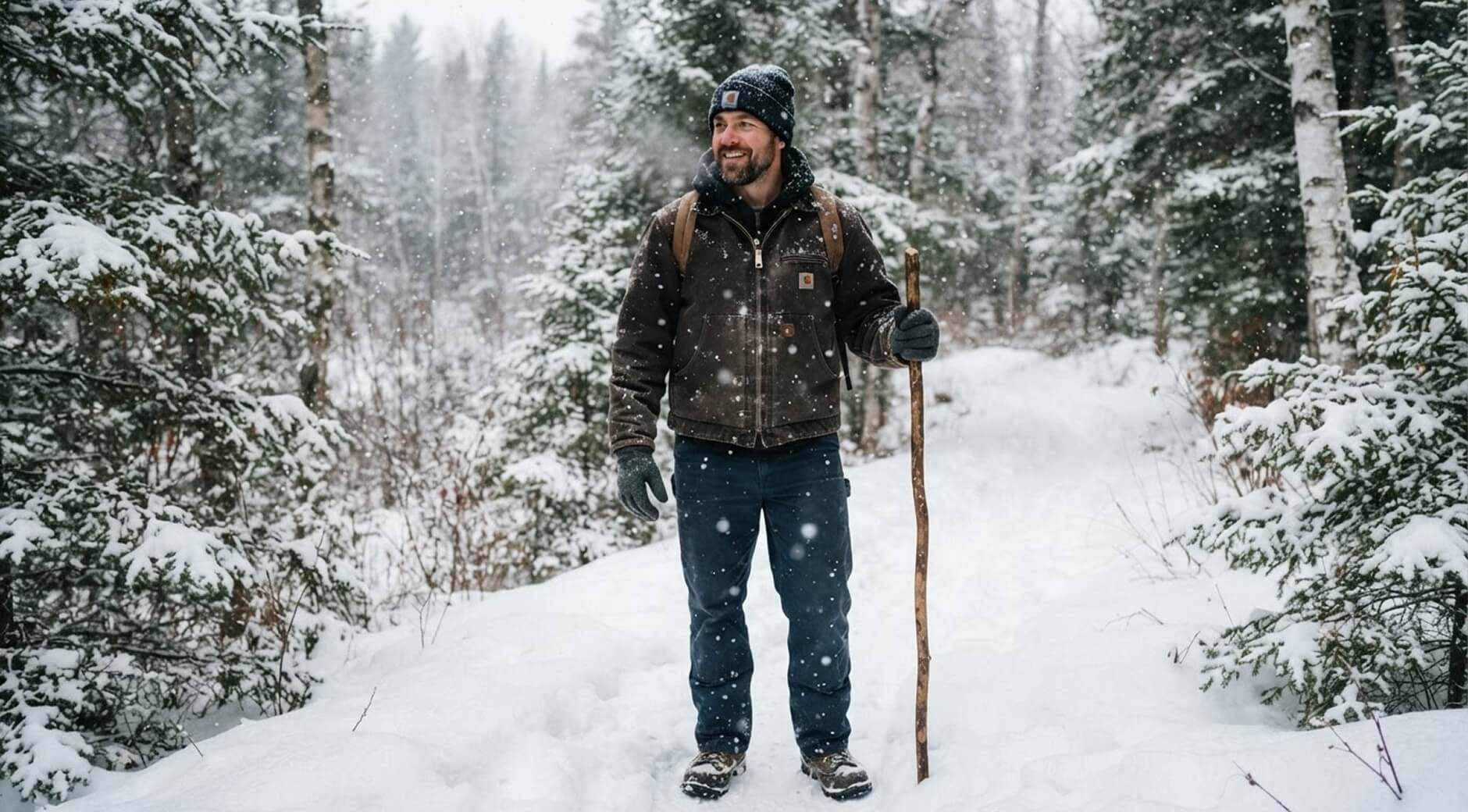 Man in a brown work jacket walking through a snowy forest.