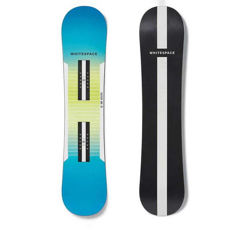 Snowboard shown from top and bottom, blue-green design with black base.