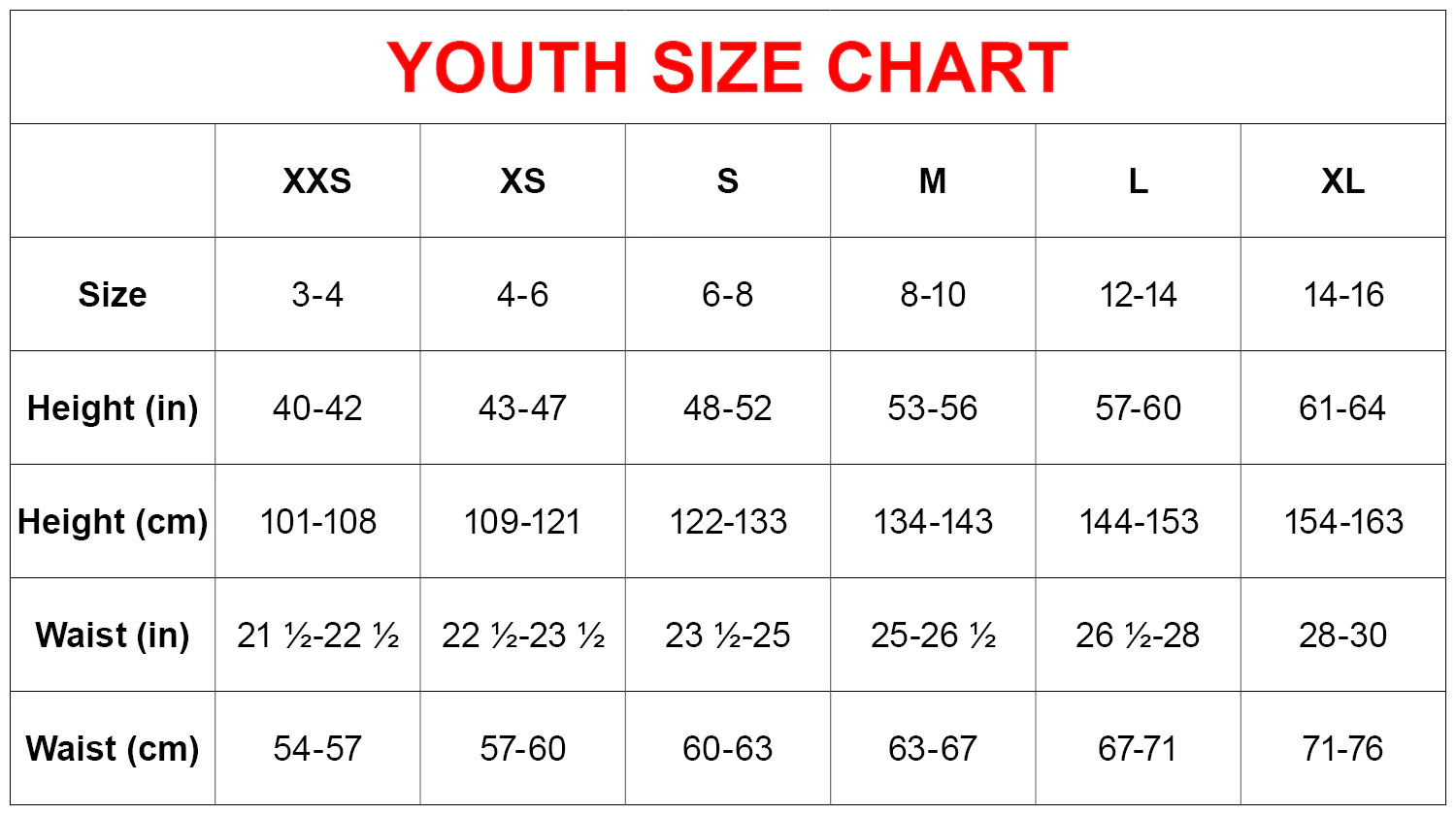 Hot Chilly's Kids' Size Chart